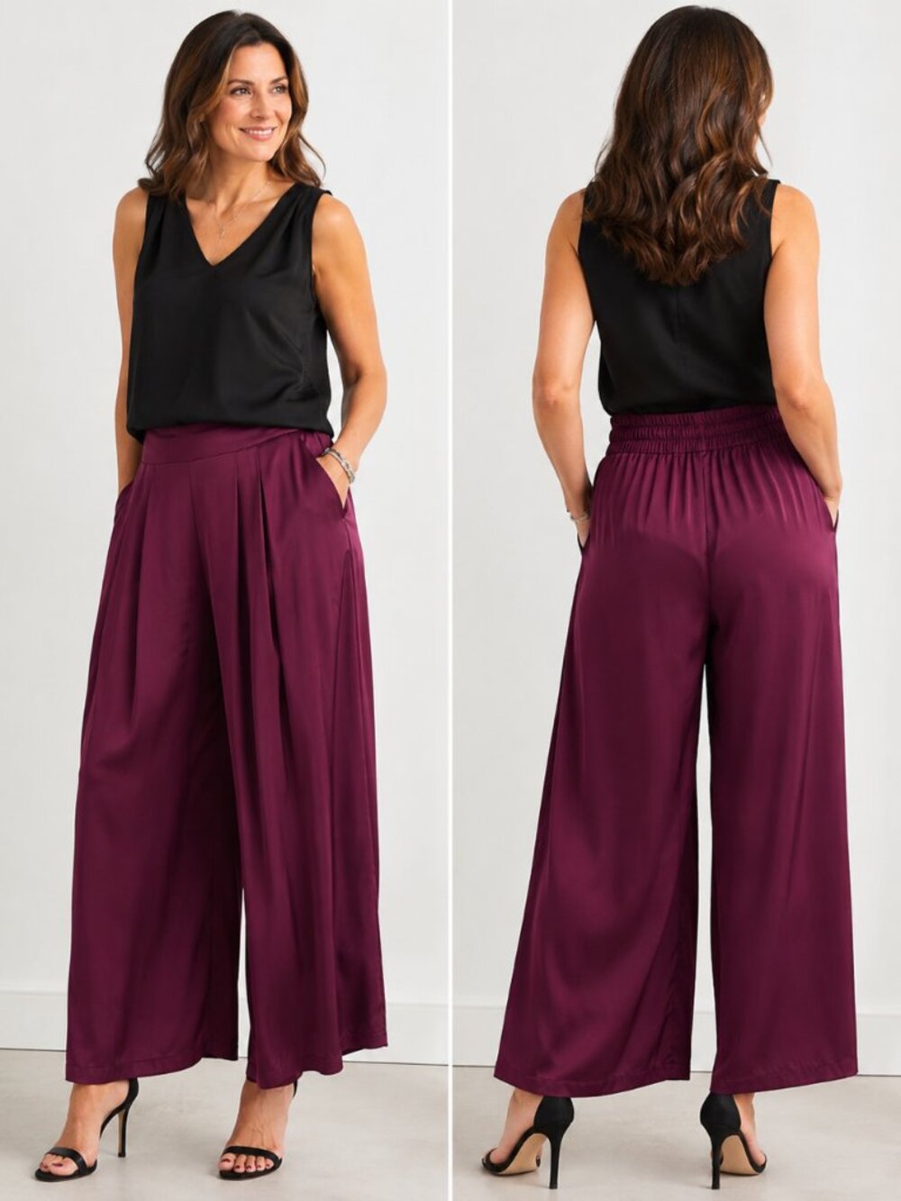 NWT $138 M Made in Italy Satin Wide Leg Ankle Pants – Wine – Size XL